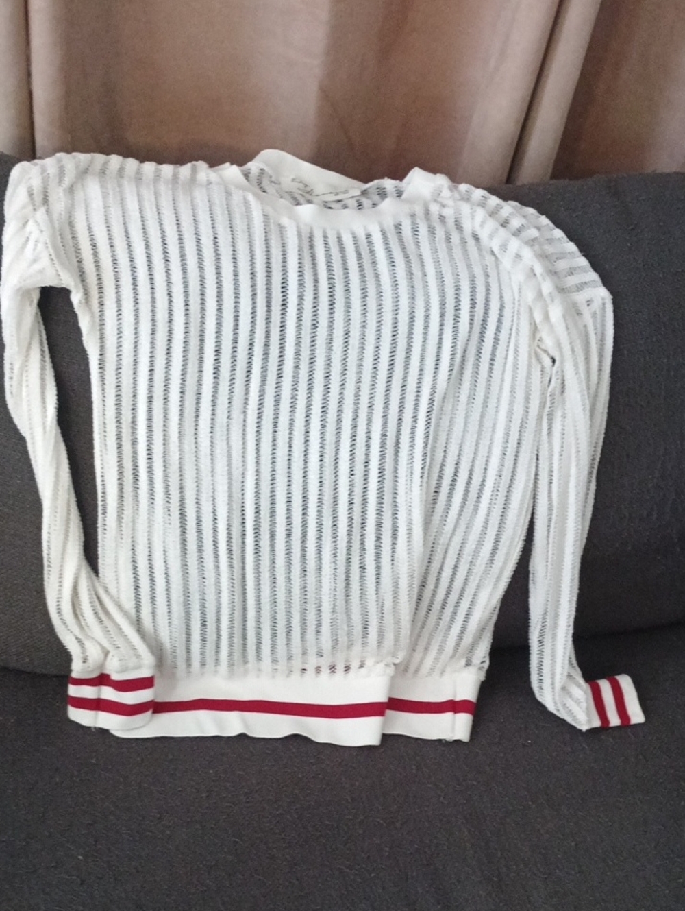 Vintage Havana White Sheer Crew Sweater with Red Stripe Hem